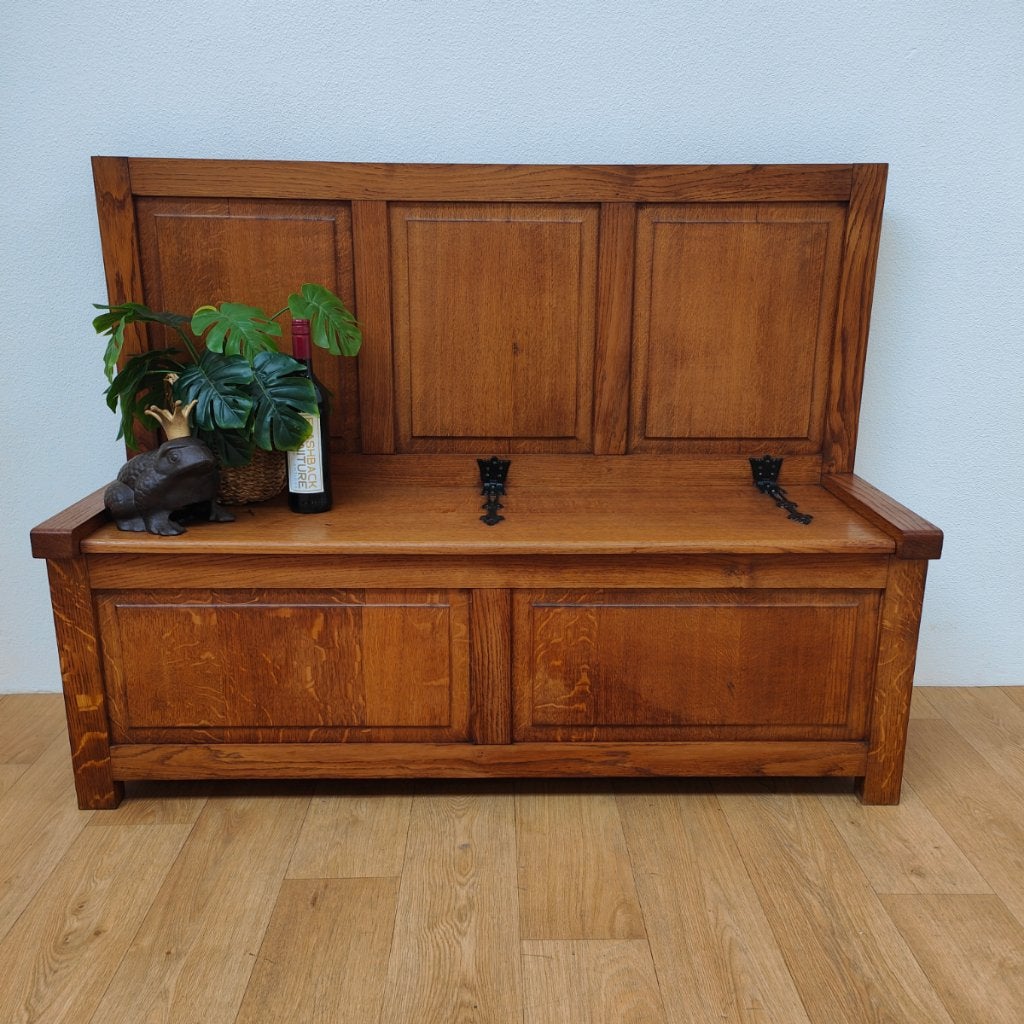Vintage eikenhouten halbank, bank, klepbank, speelgoedkist, Ophalen