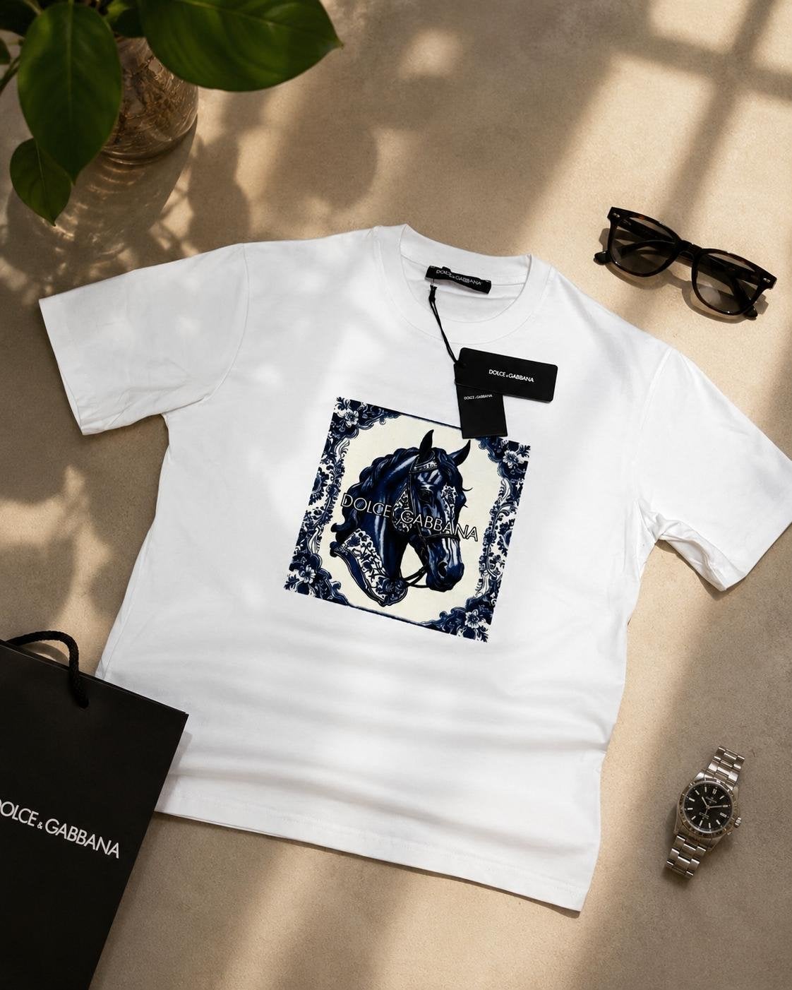 Dolce & Gabbana T-shirt met paardenprint S, Ophalen of Verzenden, Nieuw, Maat 48/50 (M), Wit