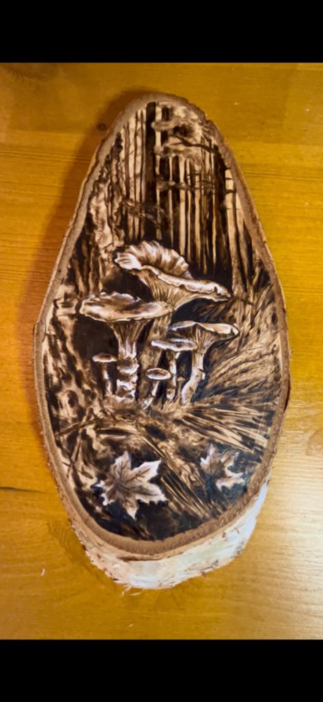 Handgebrande paddenstoelen op hout met witte details, Ophalen of Verzenden, Nieuw