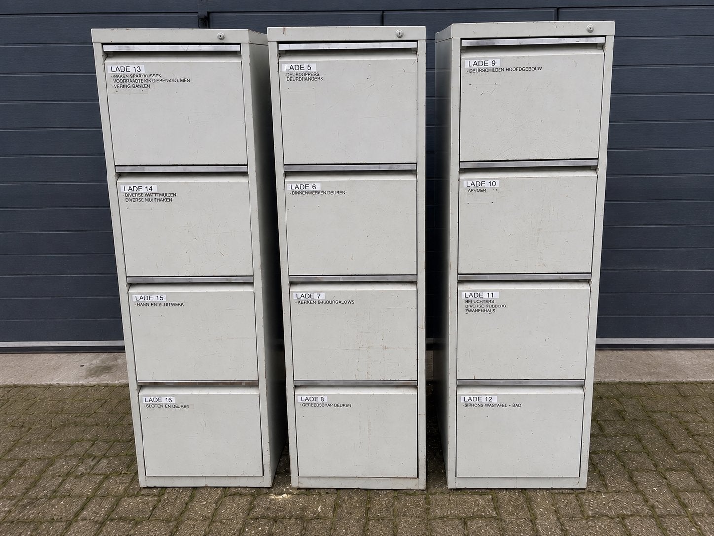 3x zware metalen ladekast / werkplaatskast – 4 grote laden, Ophalen