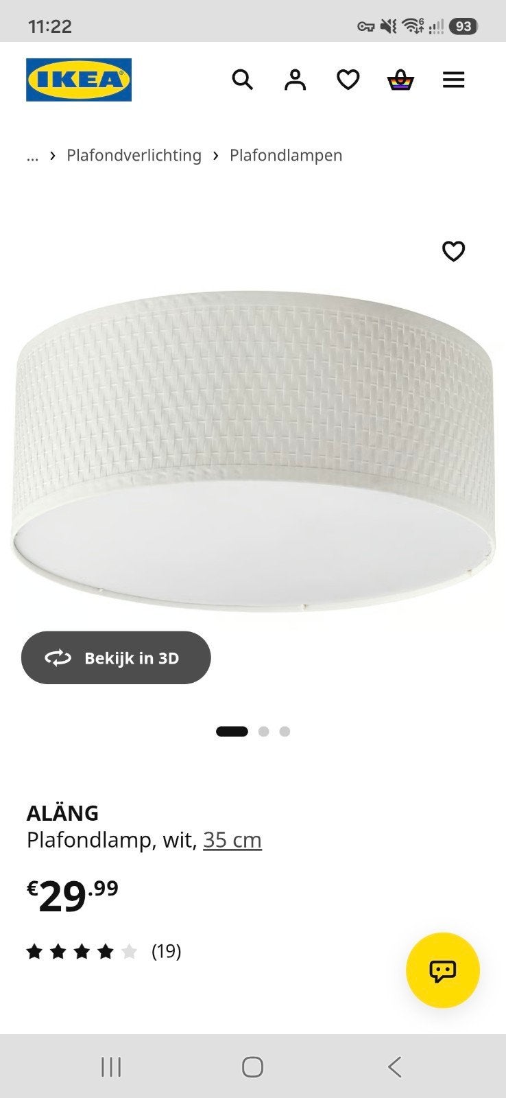 IKEA ALÄNG Plafondlamp wit, 35 cm, Ophalen, Kunststof, Zo goed als nieuw, Wit