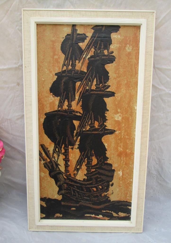 Retro Olieverf op Doek Tweemaster Niet Gesigneerd 67 x 37 cm, Antiek en Kunst, Kunst | Schilderijen | Modern, Ophalen of Verzenden
