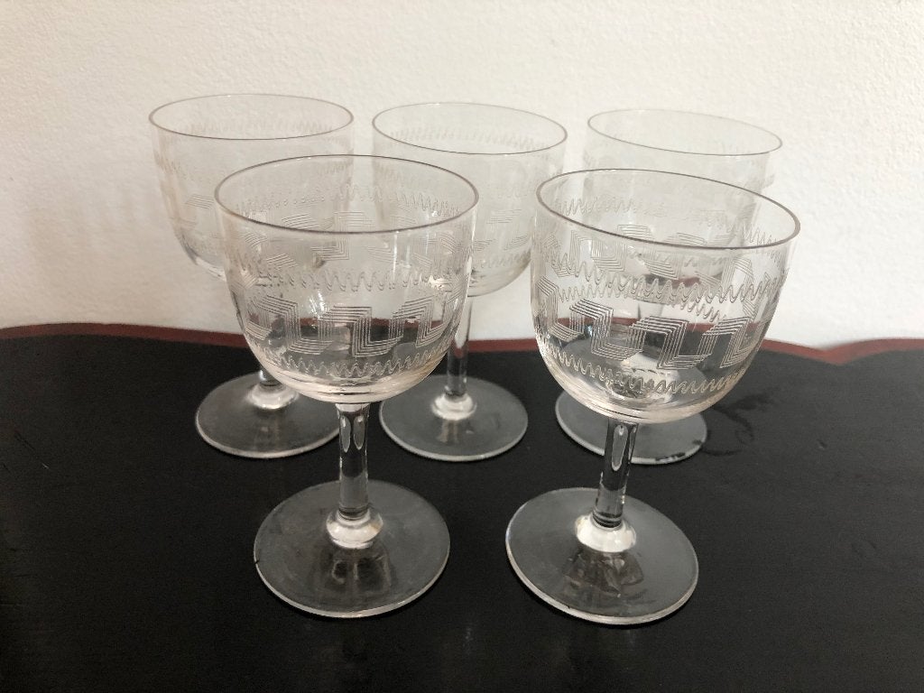 5 geguillocheerde Leerdam glaasjes Griekse sleutel, Ophalen of Verzenden