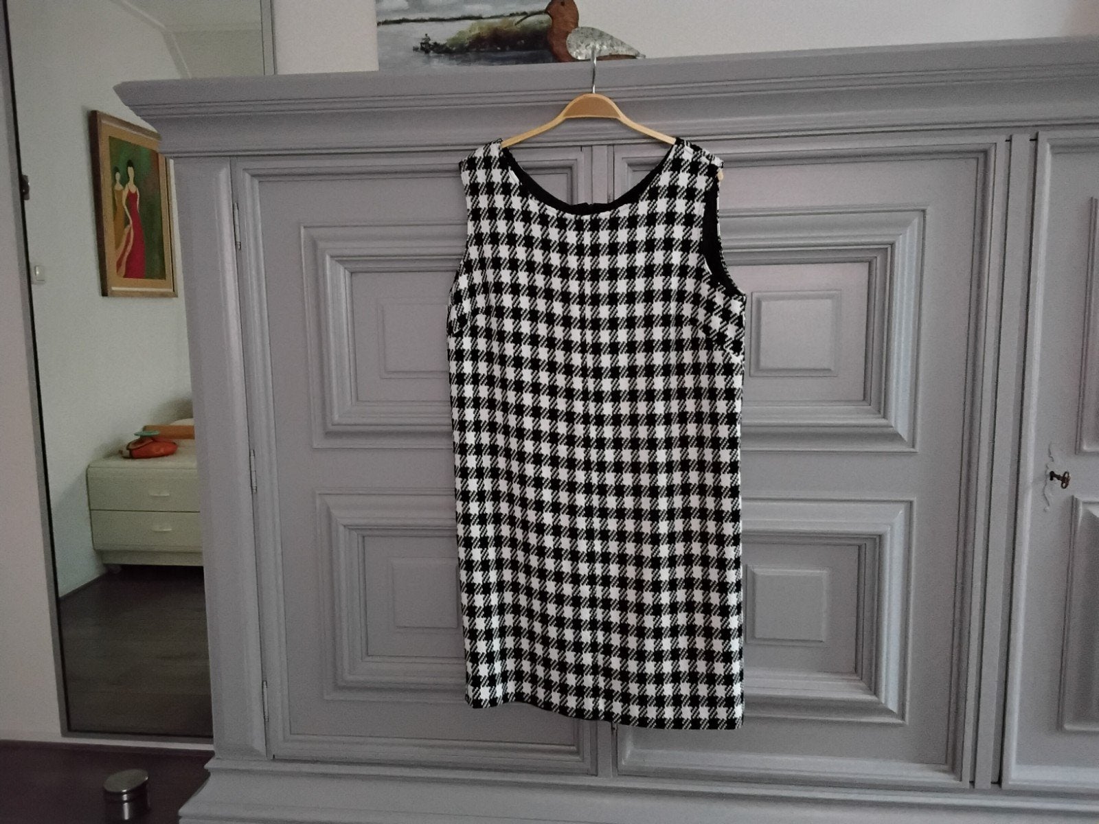 Zwart-wit geruite jurk, recht model, geheel gevoerd, Kleding | Dames, Ophalen, Zwart, Maat 42/44 (L), Knielengte