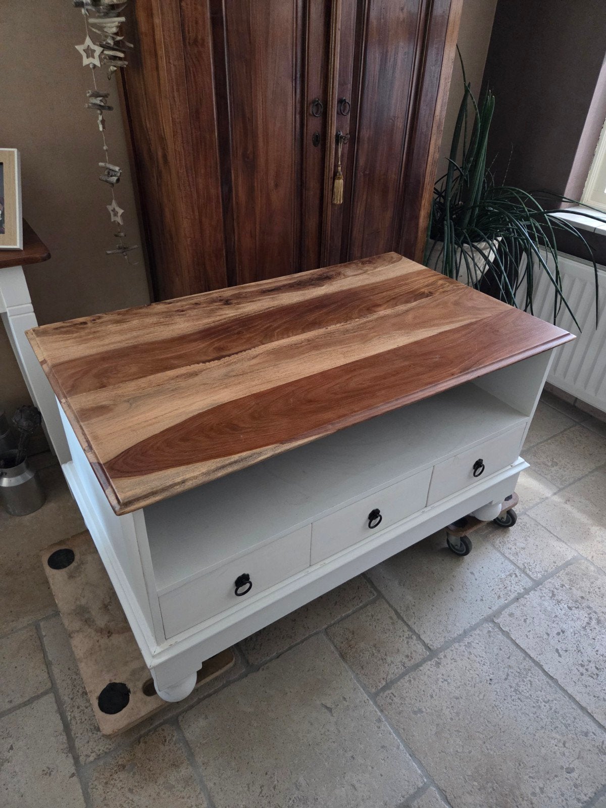 TV-meubel met lades en houten blad, Ophalen, Gebruikt, 100 tot 150 cm, Teakhout