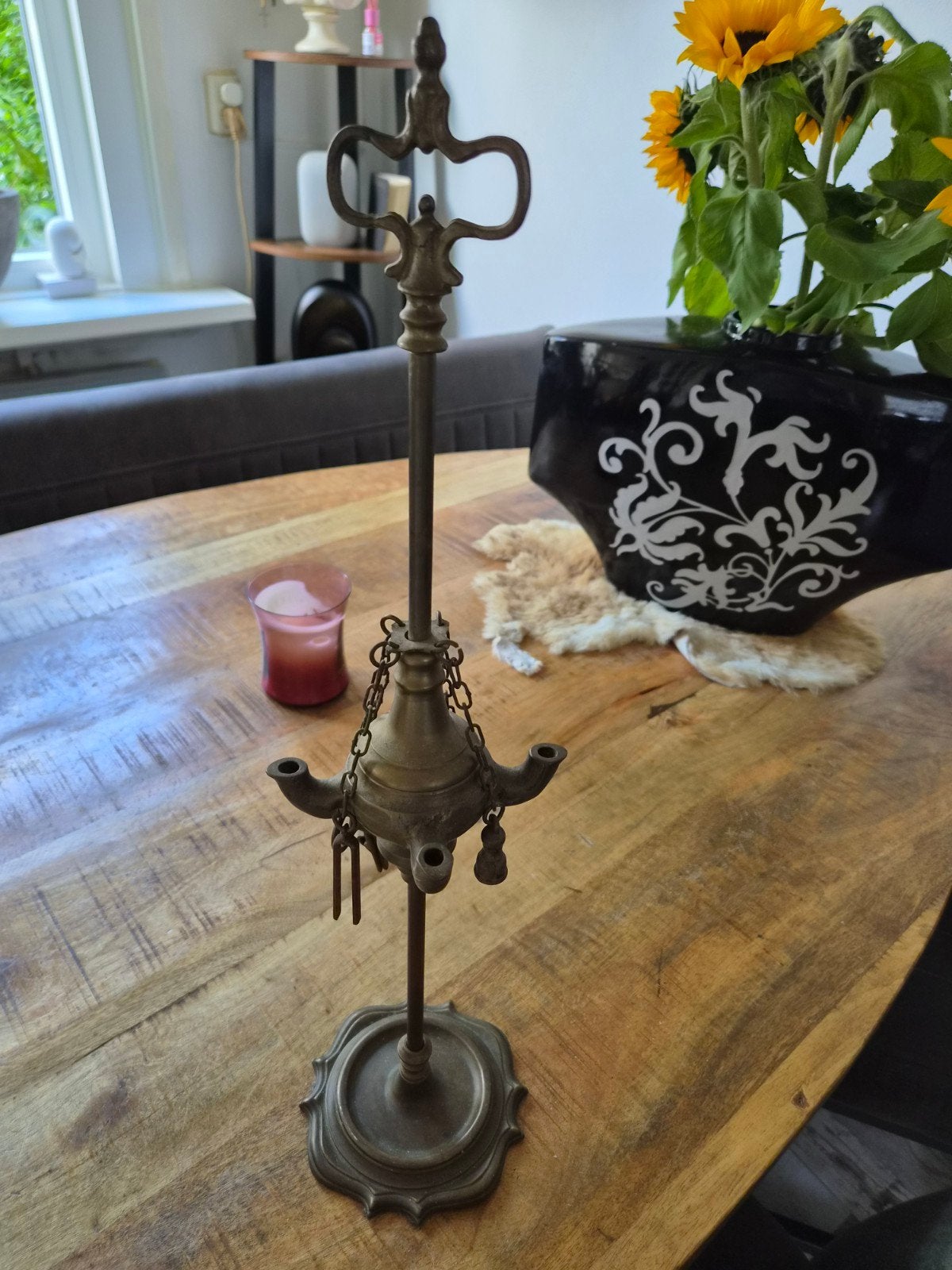 Antieke olielamp -  tafelverlichting, Ophalen of Verzenden