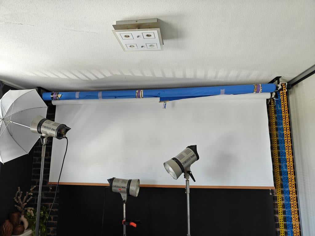 Compleet achtergrond ophangsysteem met 3 achtergronden, Audio, Tv en Foto, Fotografie | Fotostudio en Toebehoren, Ophalen, Gebruikt