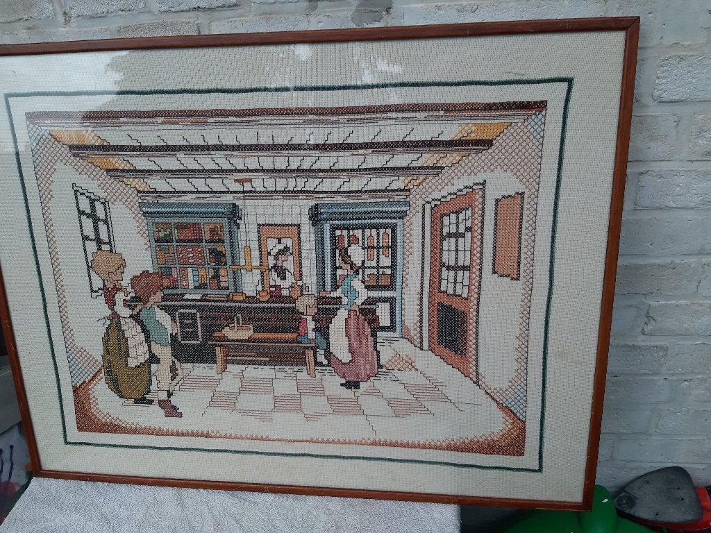 Vintage ingelijst borduurwerk, oude winkel, bakkerijscène, Ophalen, Gebruikt, Handborduren, Overige typen