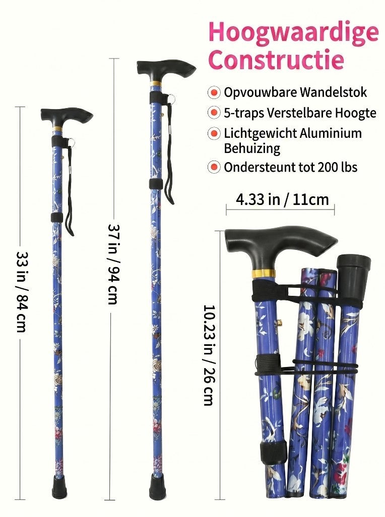 Wandelstok Opvouwbaar Bloemen - Blauw, Diversen, 6717LN, Loophulp@outlook.com, Verzenden, LoopHulp
