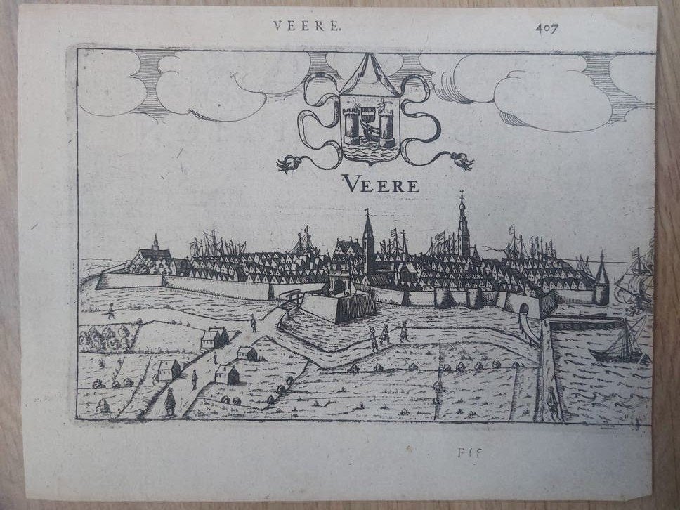 59 / Veere  Orig. gravvure uit 1616 Lodovico Guicciardini, Antiek en Kunst, Cartografie, Blanco verso, Gravure, 12 cm