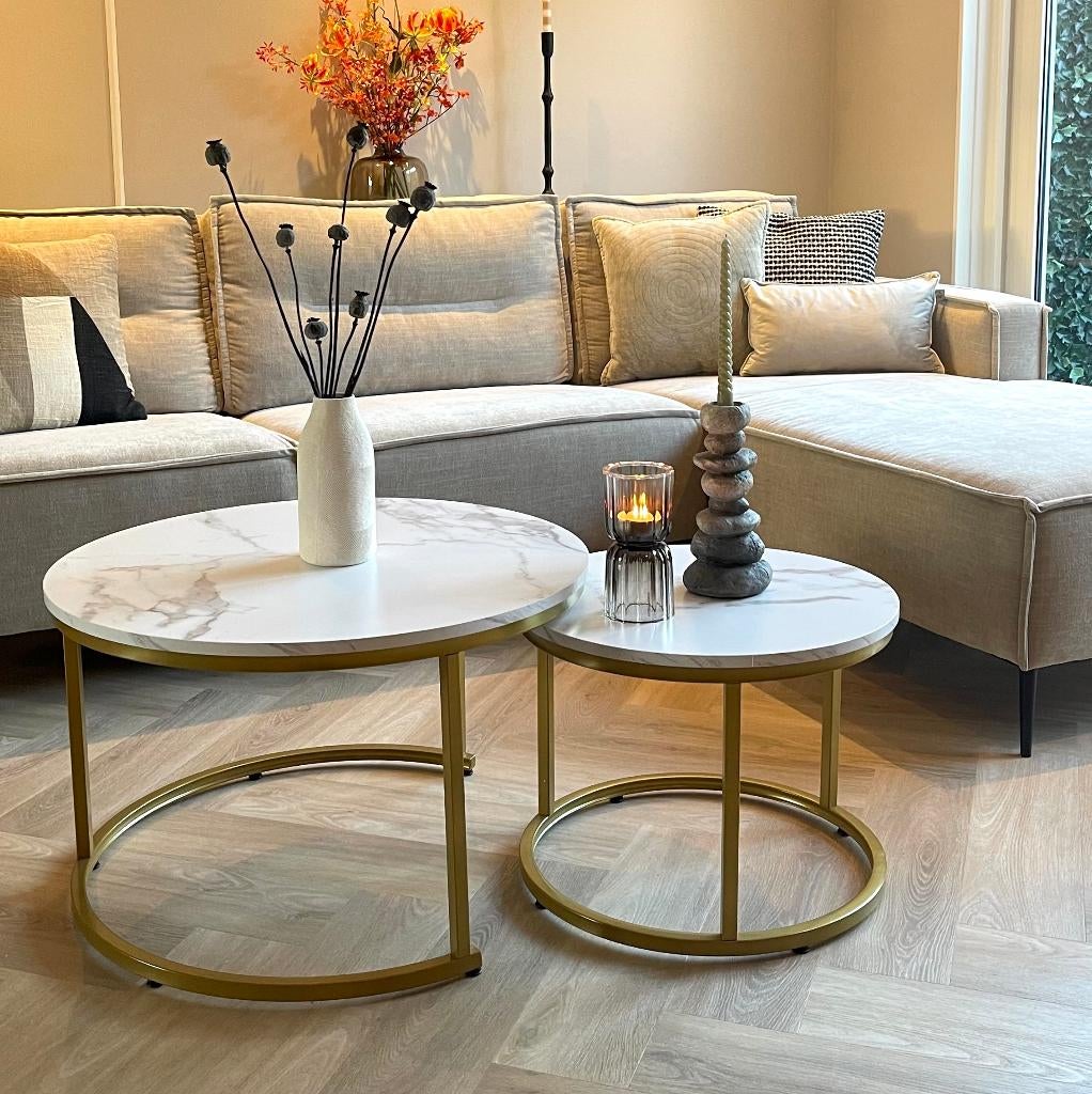 Foto 2 van Salontafel Rond Goud met Marmer Look 70ø &50ø