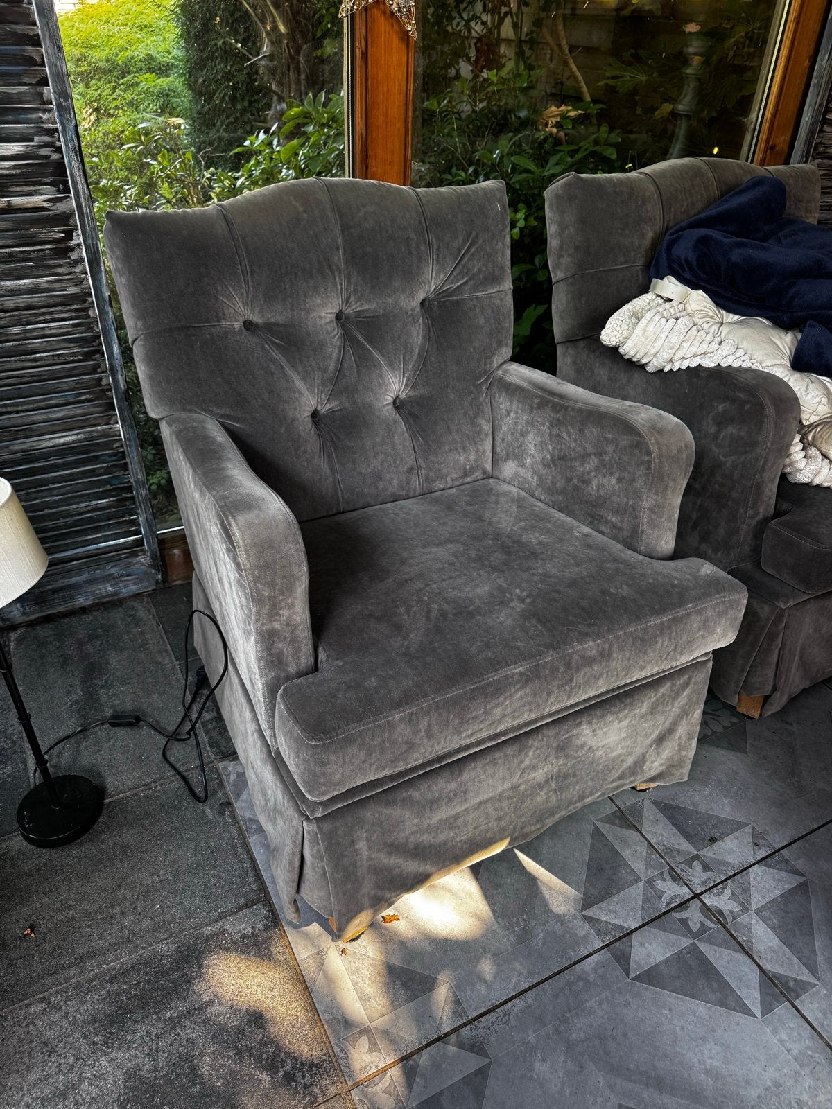 Comfortabele Olav fauteuil - Grijs velours, Ophalen of Verzenden, Gebruikt, Stof, 75 tot 100 cm