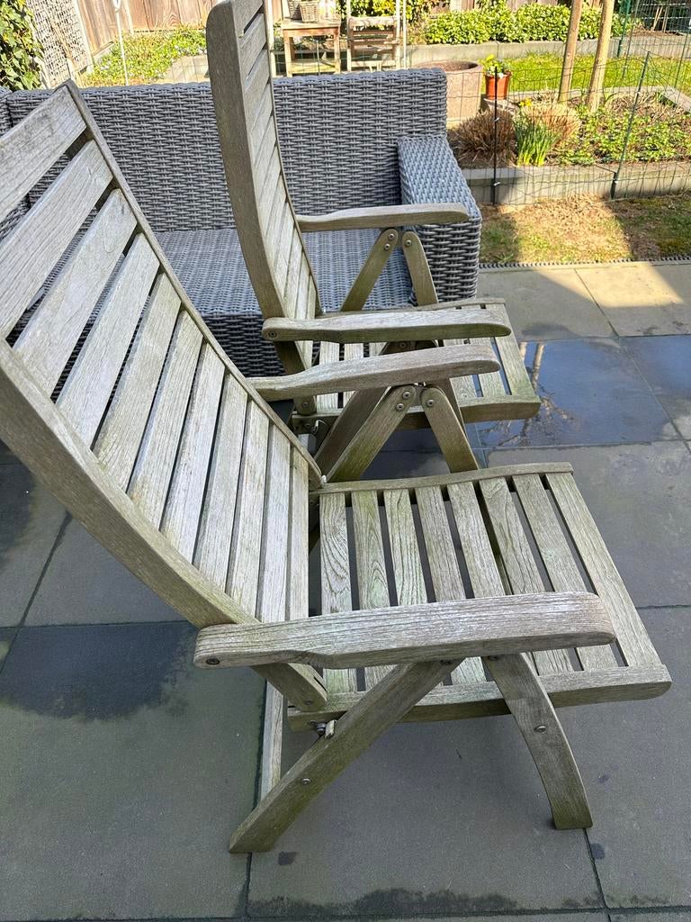 Twee mooie verstelbare en opklapbare teak tuinstoelen, Tuin en Terras, Ophalen, Gebruikt, Teakhout, Verstelbaar