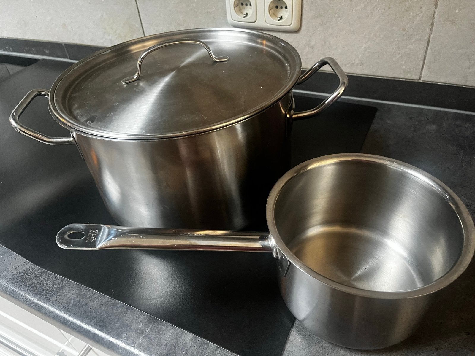 Fissler Kookpan en Sauspan RVS - Made in W-Germany, Gebruikt, Met deksel, Pannenset, Ophalen of Verzenden
