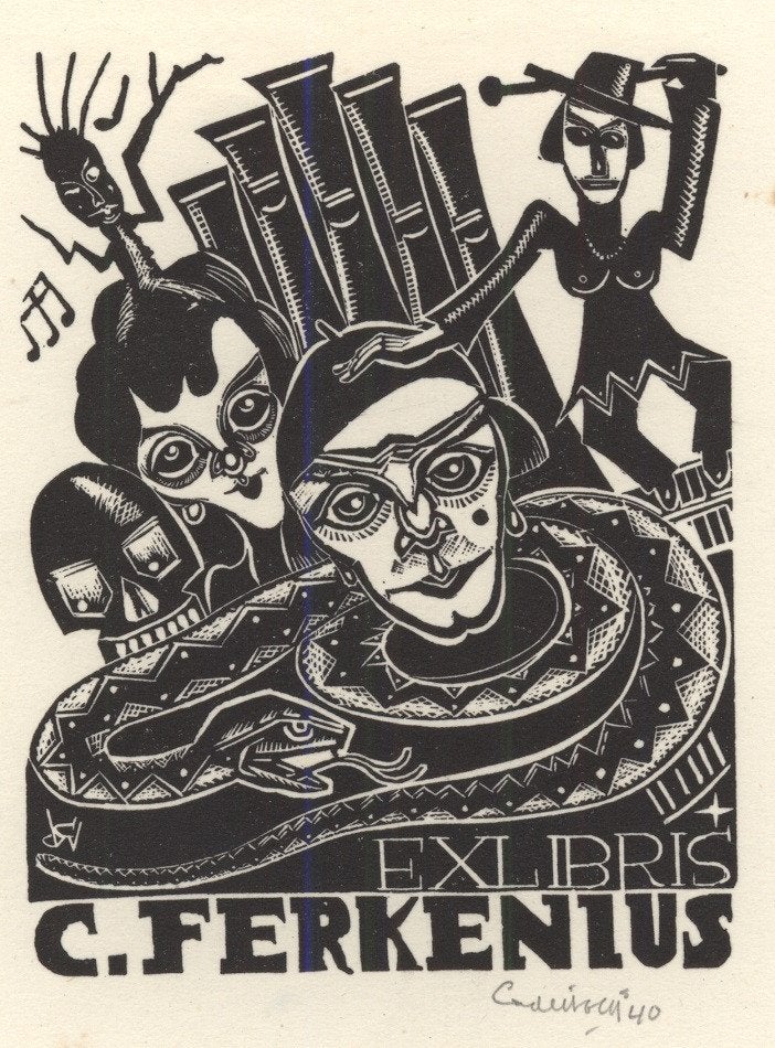 0383 Ex Libris Nederland : Cor de Wolff, 1940, Antiek en Kunst, Kunst | Etsen en Gravures, Verzenden, Ex libris