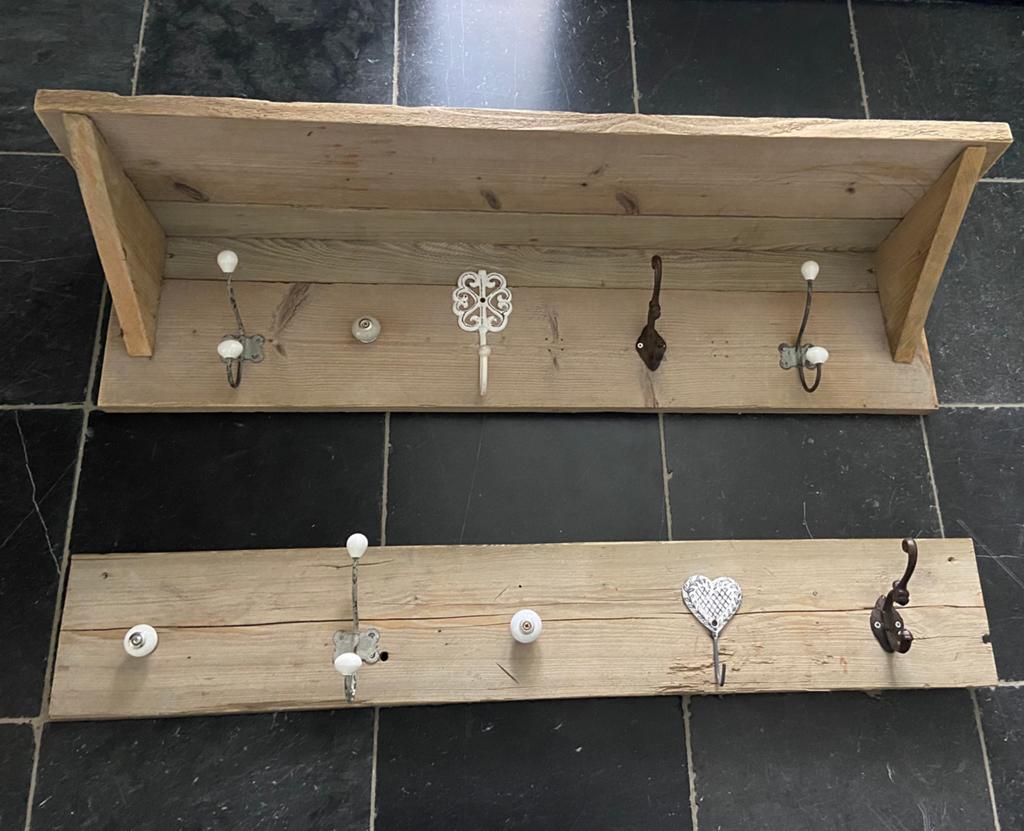 Steigerhouten kapstok 120 cm breed met brocante haken, Huis en Inrichting, Woonaccessoires | Kapstokken, Gebruikt, Minder dan 100 cm