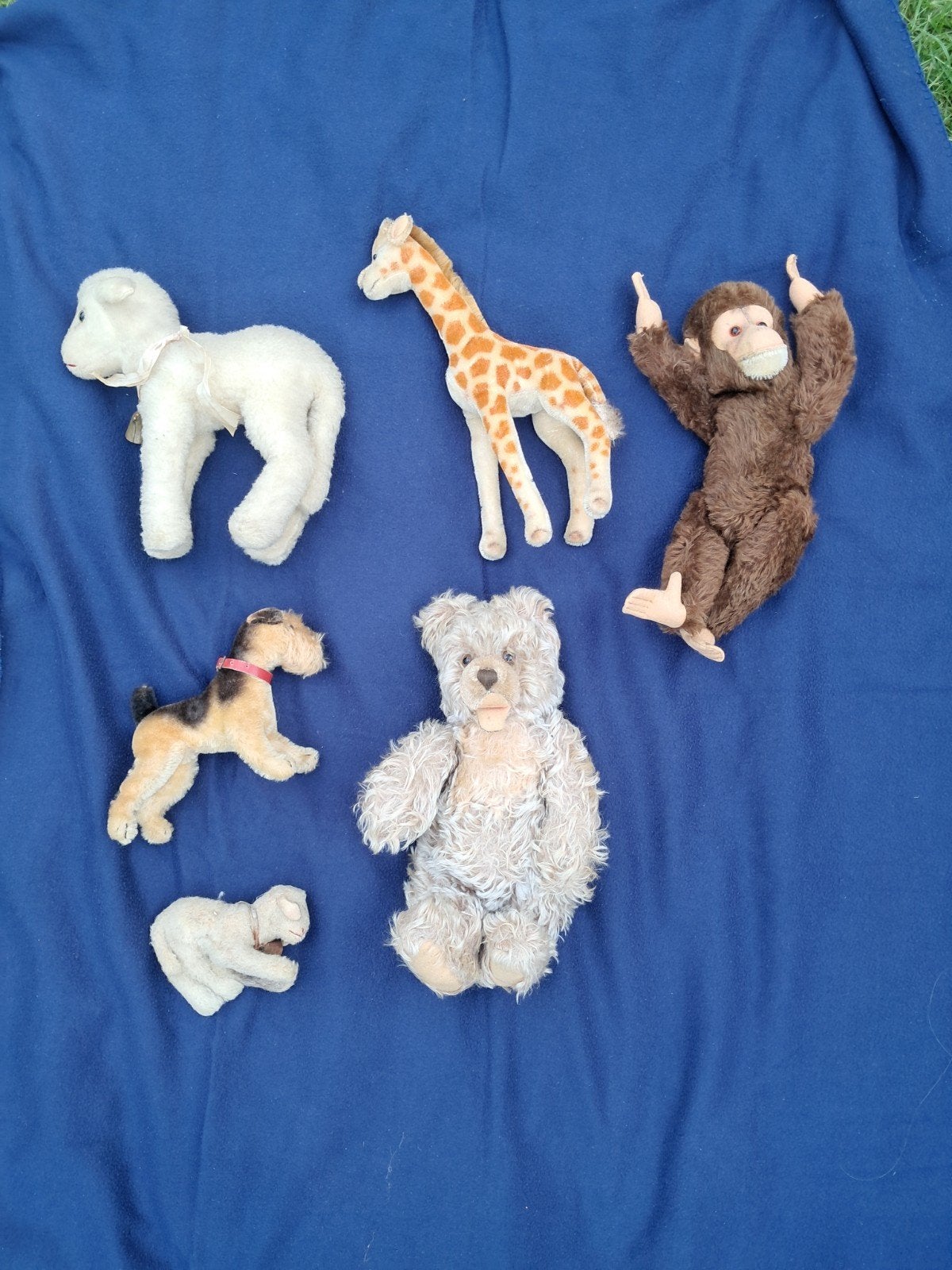 Antieke speelgoed dieren: giraffe, schapen, aap, hond, beer, Ophalen of Verzenden