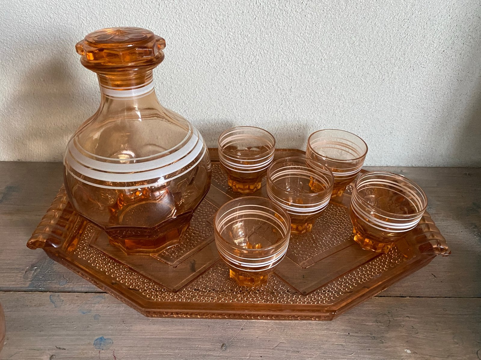 Artdeco persglas Karaf 5 Borrelglaasjes Dienblad, Ophalen of Verzenden
