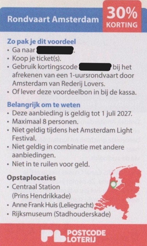 Rondvaart door Amsterdam - Rederij Lovers. 30% korting., Drie personen of meer, Kortingsbon