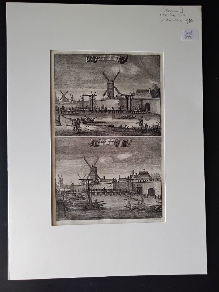8 dubbelgravures Amsterdam uit Vaderlandsche Historie ±1780, Antiek en Kunst, 25 cm, Verzenden, Stadsgezicht, Blanco verso