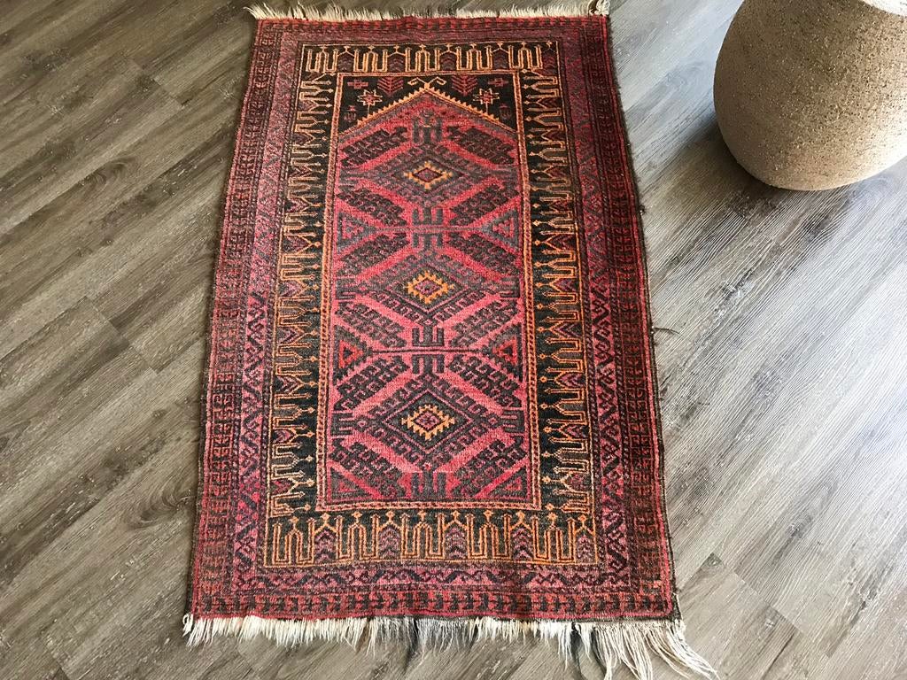 Vintage Handgeknoopt (Bid) Tapijt - Rood/Zwart Patroon, Ophalen of Verzenden