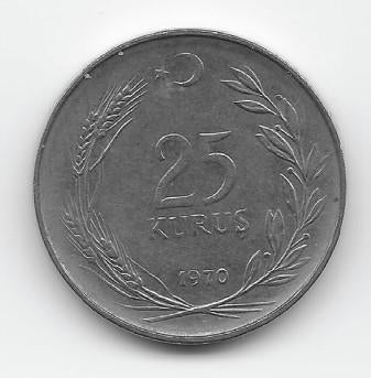 Turkije 25 kurus 1970 KM# 892.3, Verzenden, Midden-Oosten, Losse munt