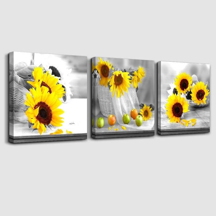 Nieuw * 3 Luik Canvas Schilderij Zonnebloemen 50x150cm, Ophalen of Verzenden