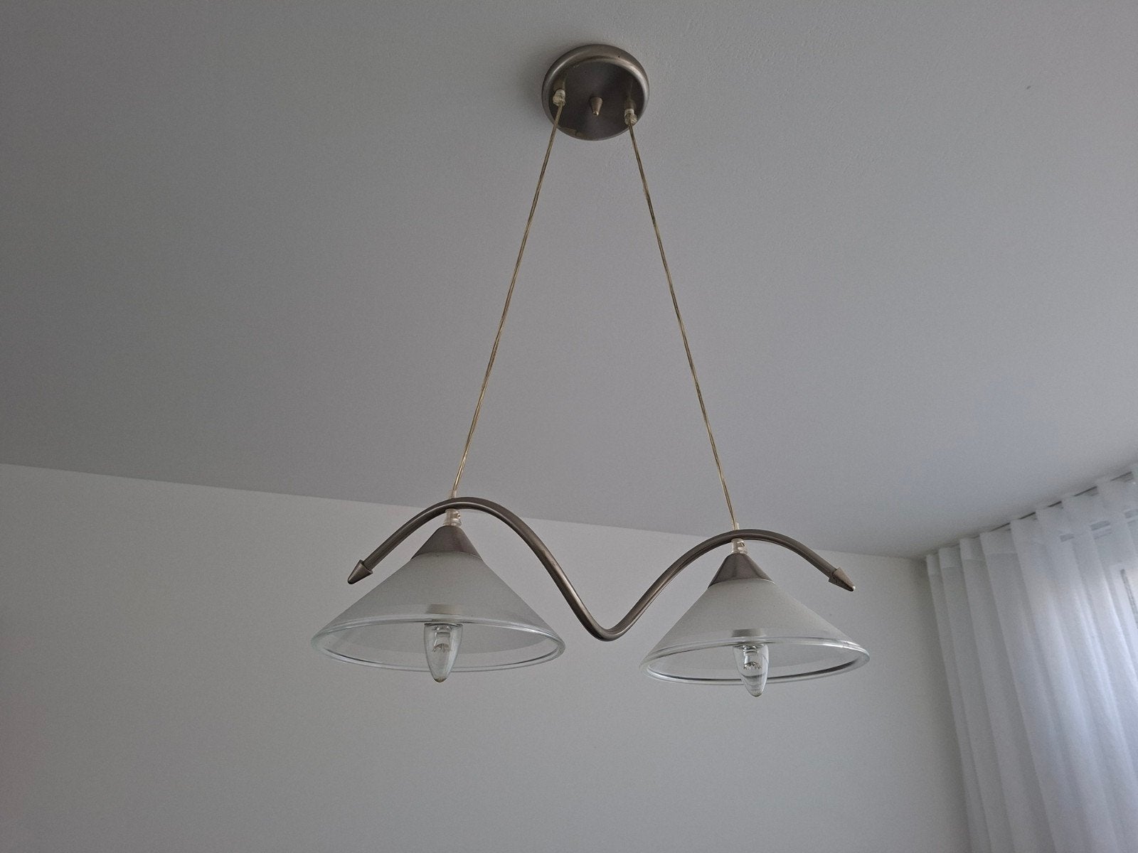 Moderne hanglamp met 2 of 3 glazen kappen, Ophalen, Gebruikt, E27 (groot), Glas