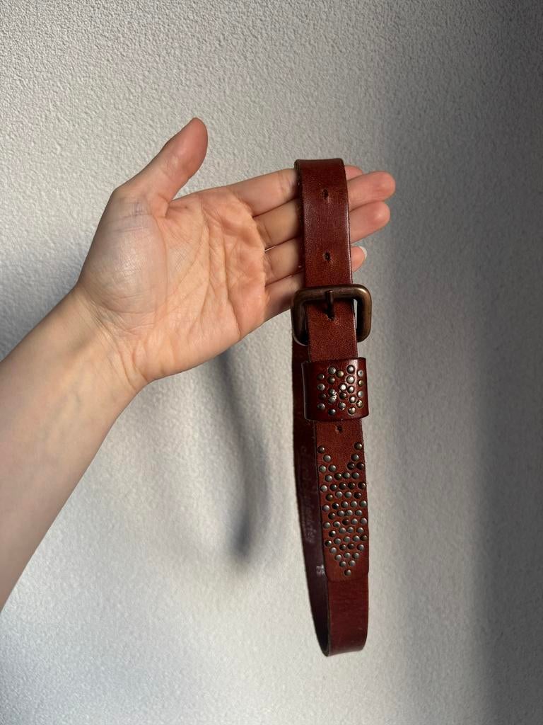Vintage Petrol smalle bruine leren riem met studs, Bruin, Minder dan 80 cm, Echt leder, Heupriem