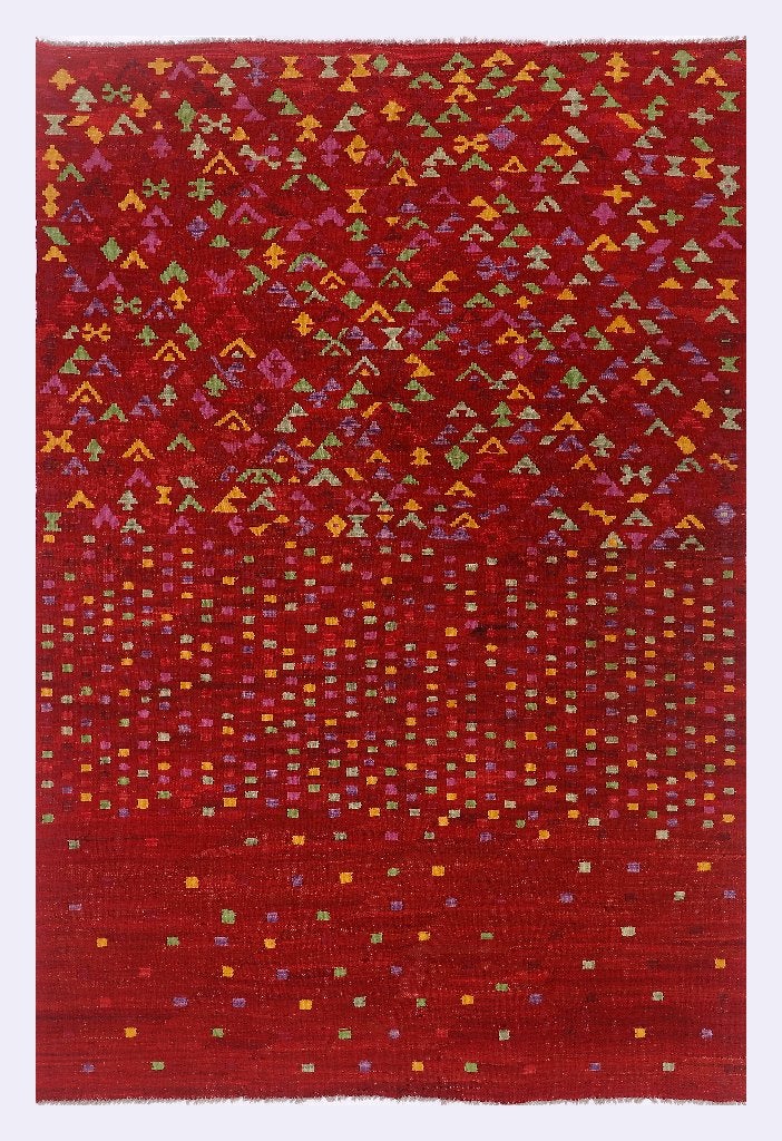 Crimson Mosaic Kelim 293x195 cm – Handgeweven Wol, Ophalen, 150 tot 200 cm, Geel, Rechthoekig