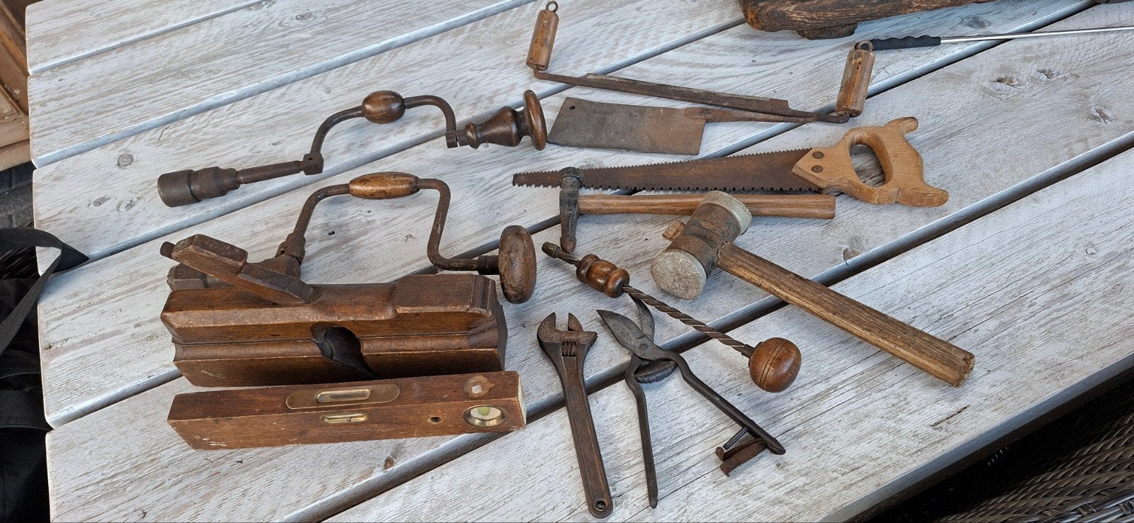 Partij oud gereedschap: schaaf, waterpas, etc., Ophalen of Verzenden