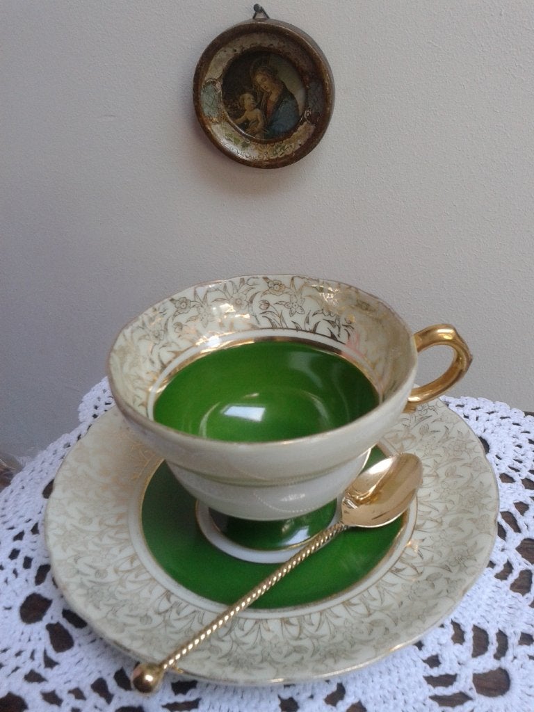 Vintage Theekop & Schotel, MOSGROEN + Verguld D.E. Lepeltje, Ophalen of Verzenden