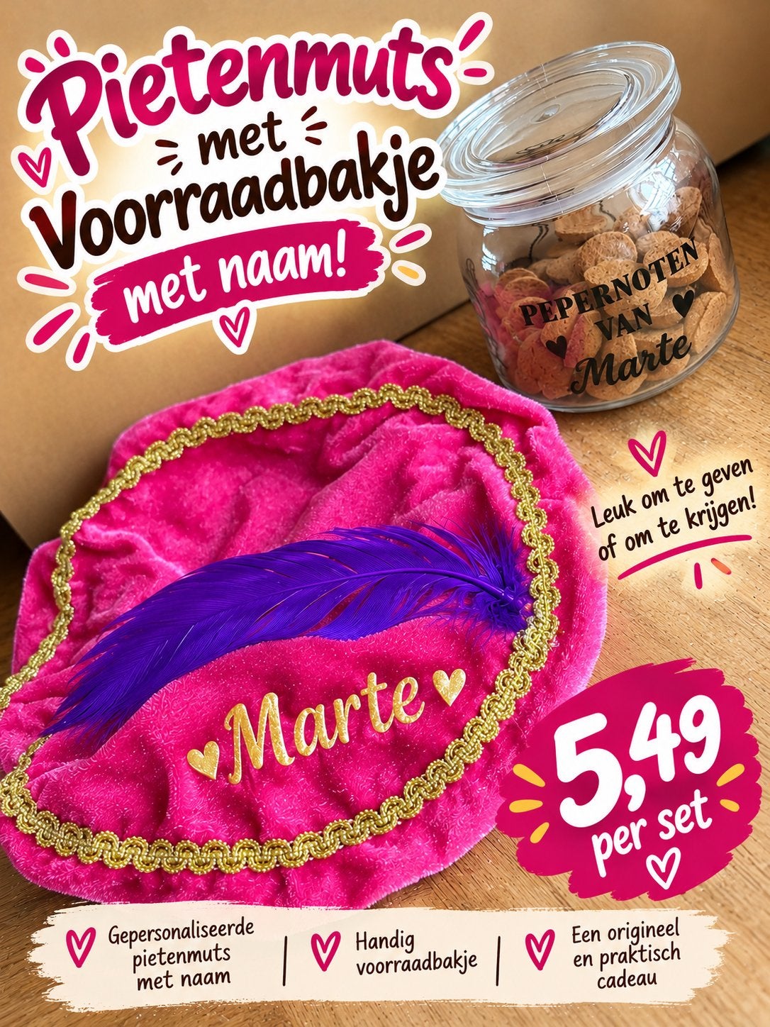 Pietenmuts met naam + pepernoten voorraad bakje met naam, Ophalen of Verzenden, Nieuw