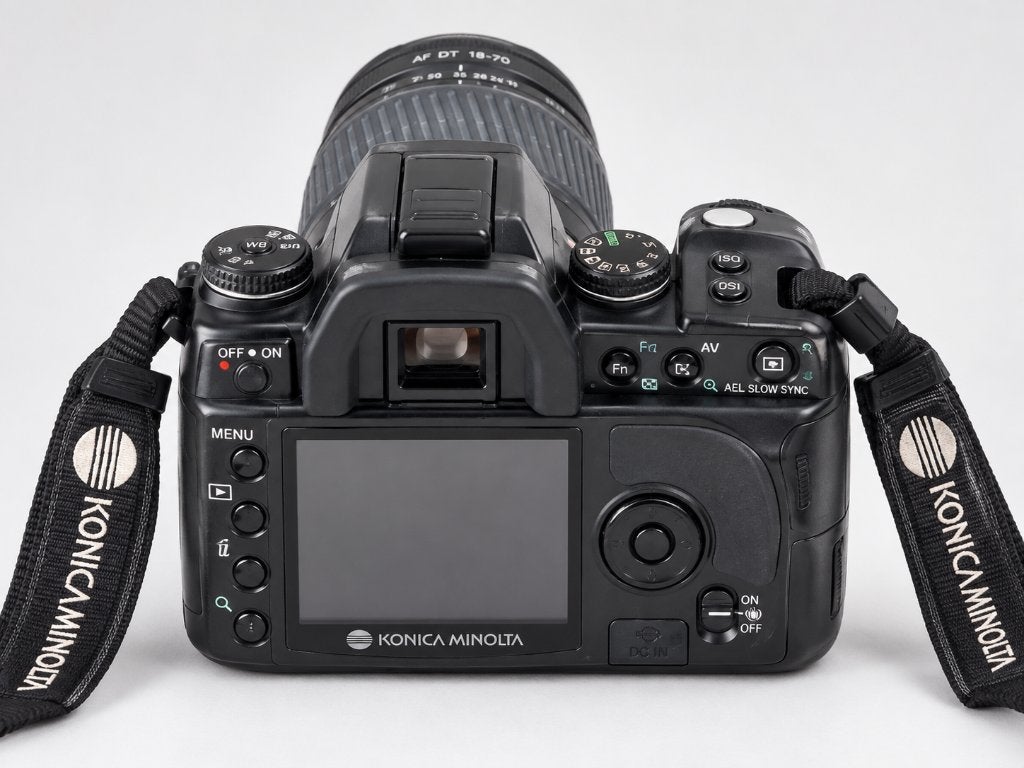 Konica Minolta Dynax 5D DSLR + 18-70mm lens + tas + 2 accu’s, Accu, Gebruikt, Spiegelreflex, Konica