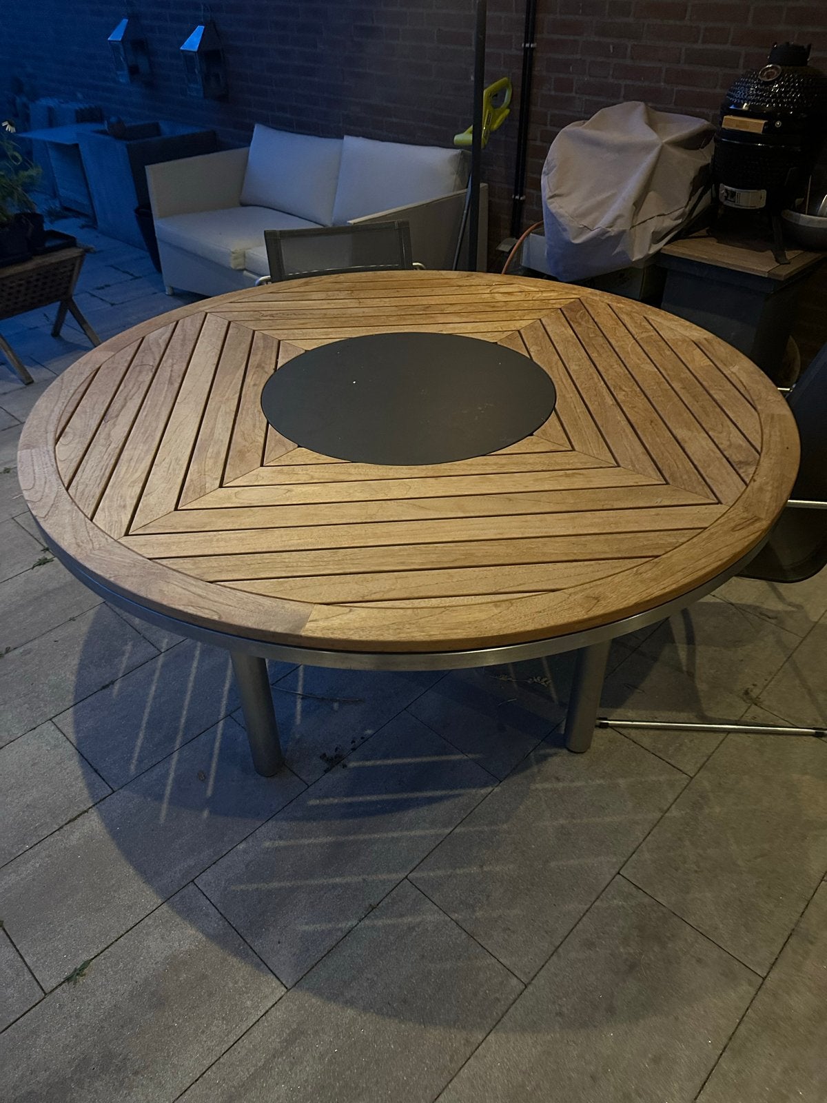 Gloster Ronde Eettafel Teak/RVS - Als Nieuw (149 cm), Ophalen, Zo goed als nieuw, Rond, Teakhout