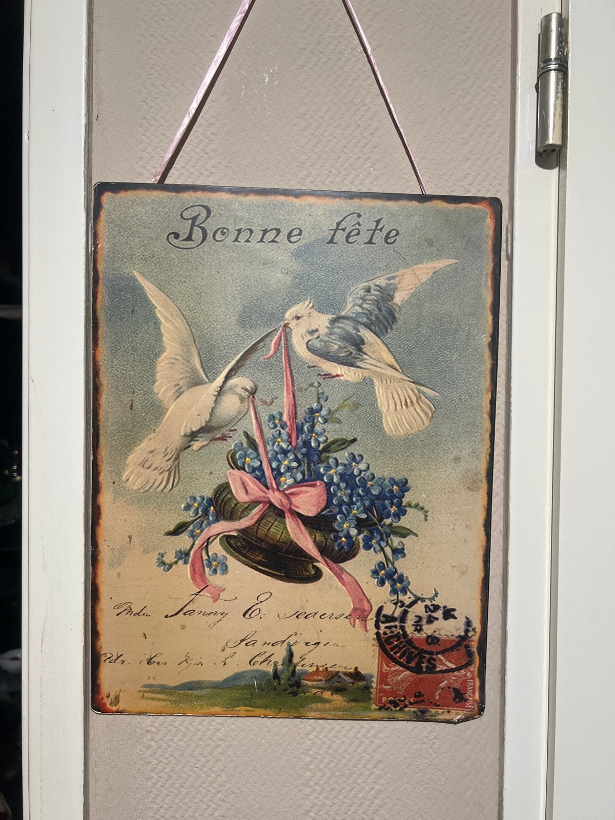Vintage metalen bord 'Bonne fête' met duiven en bloemen, Ophalen of Verzenden