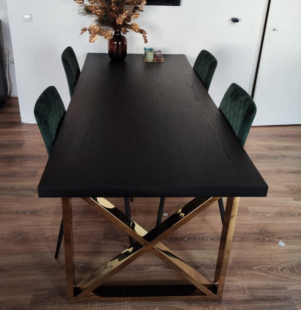 Zwarte eettafel met gouden onderstel, Ophalen, 50 tot 100 cm, Zo goed als nieuw, 150 tot 200 cm