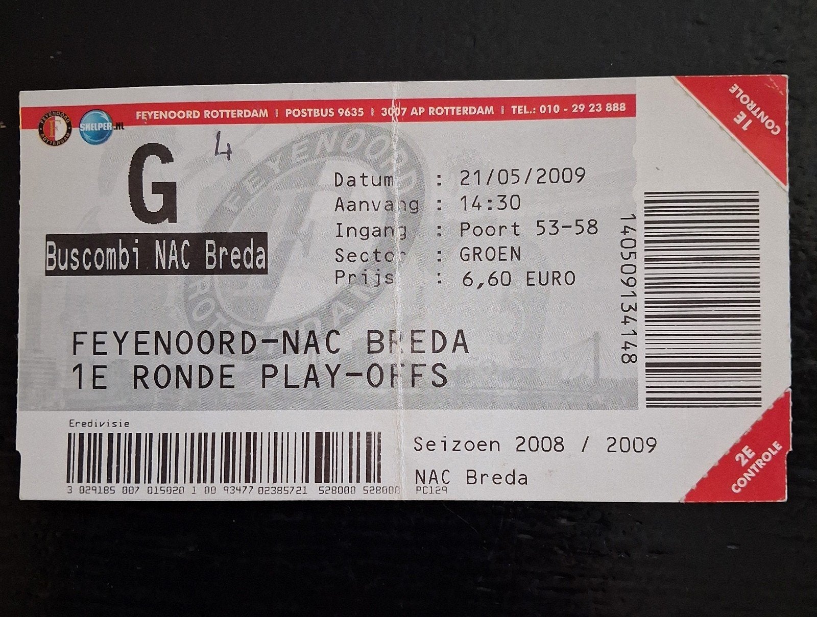 Ticket Feyenoord- NAC 1e ronde Play-Offs 21-05-2009., Ophalen of Verzenden, Gebruikt, Feyenoord