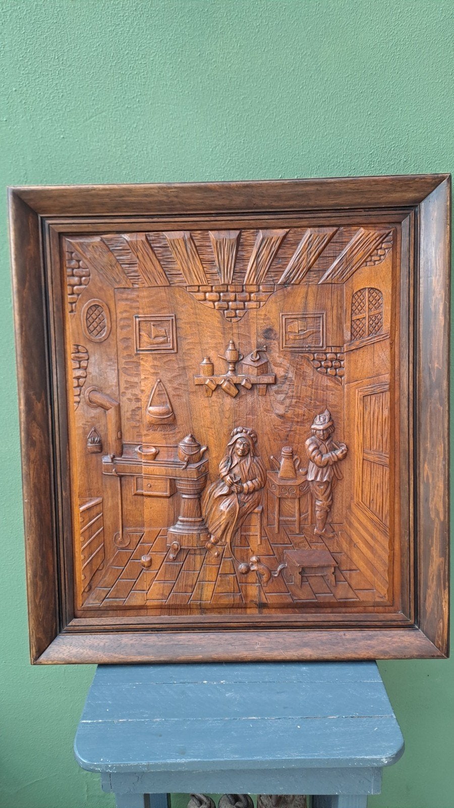 Antiek Houten Wandpaneel: Hollands Interieur Tafereel, Ophalen, 50 - 100 cm, Handgemaakt, Wanddecoratie