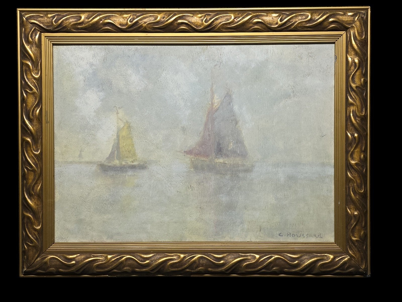 Maritiem Schilderij: Zeilboten op mistige zee .Gesigneerd, Antiek en Kunst, Kunst | Schilderijen | Klassiek, Maritiem / water