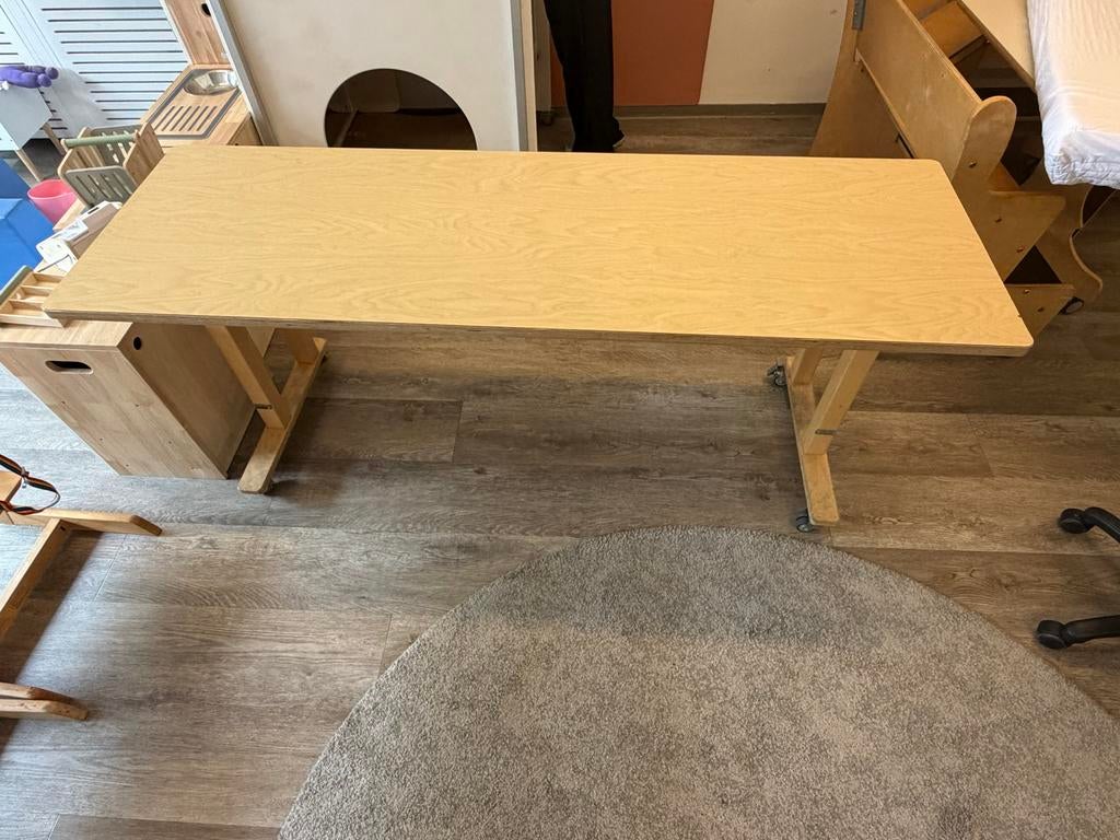 Houten tafel en bank met kinderzitjes, Ophalen, Gebruikt, 100 tot 150 cm, 150 tot 200 cm