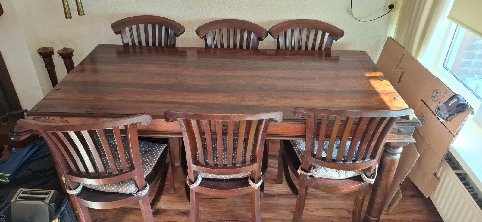 Mooie Koloniale Eettafel met 6 Stevige Stoelen - 180x90x78, Huis en Inrichting, Ophalen of Verzenden