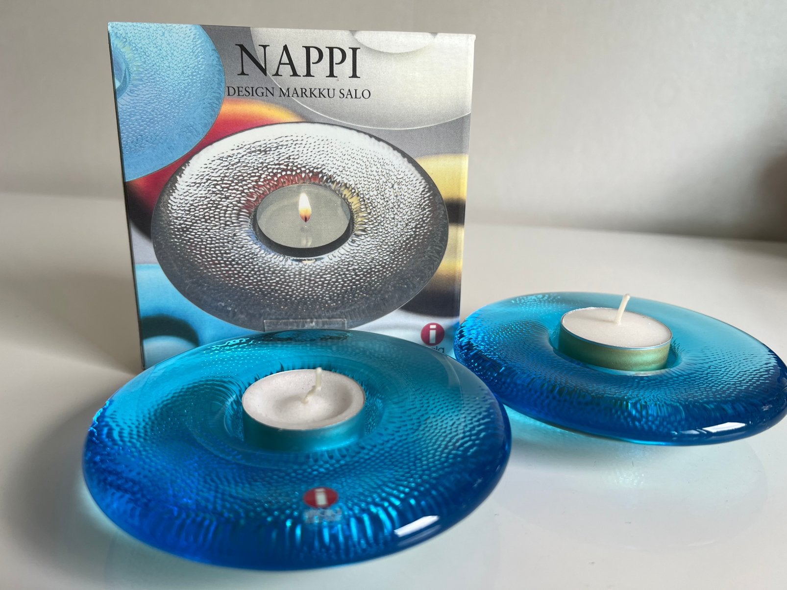 2 Iittala Fins Nappi Waxinelichthouder Glas Turquoise M Salo, Waxinelichthouder, Nieuw, Ophalen of Verzenden, Glas