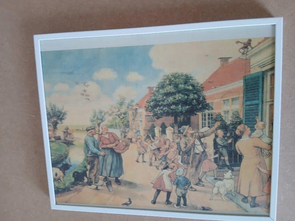 Ingelijst werk: nostalgische scène met mensen en dieren, Kunststof, Met afbeelding, Wit, 50 cm