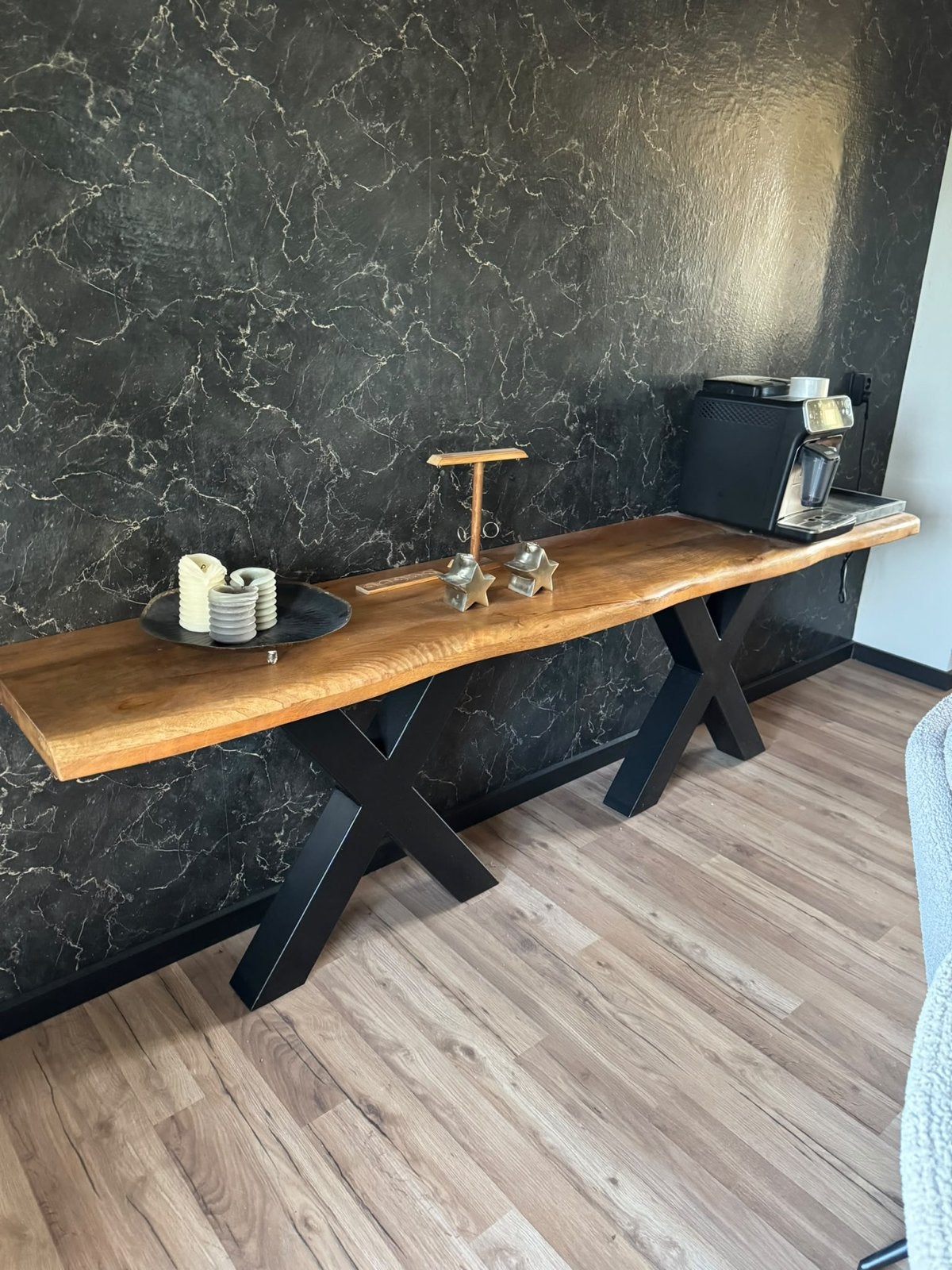 Side tafel met stalen poten - 240x44x75cm, Huis en Inrichting, 200 cm of meer, Ophalen of Verzenden, Zo goed als nieuw, Overige houtsoorten