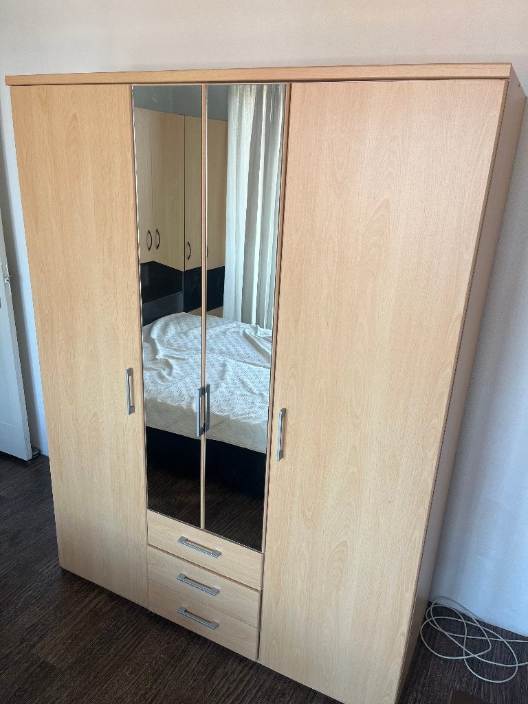 Kledingkast 3-deurs beuken – spiegeldeuren + 3 laden, Huis en Inrichting, Kasten | Kledingkasten, Gebruikt, 150 tot 200 cm, 100 tot 150 cm