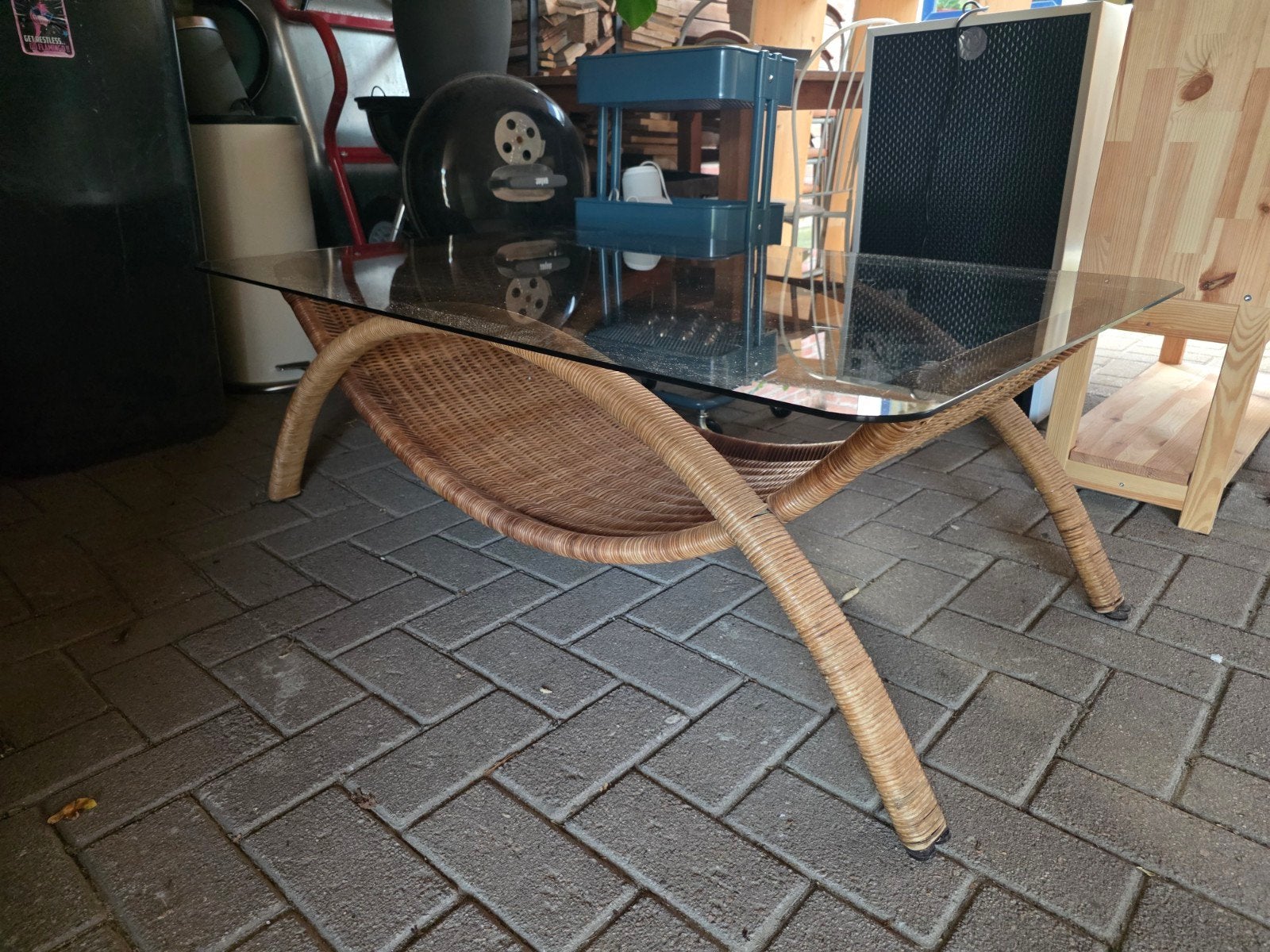 Mooie rieten salontafel met losse glasplaat, Huis en Inrichting, Ophalen, Gebruikt, 100 tot 150 cm, 50 tot 100 cm