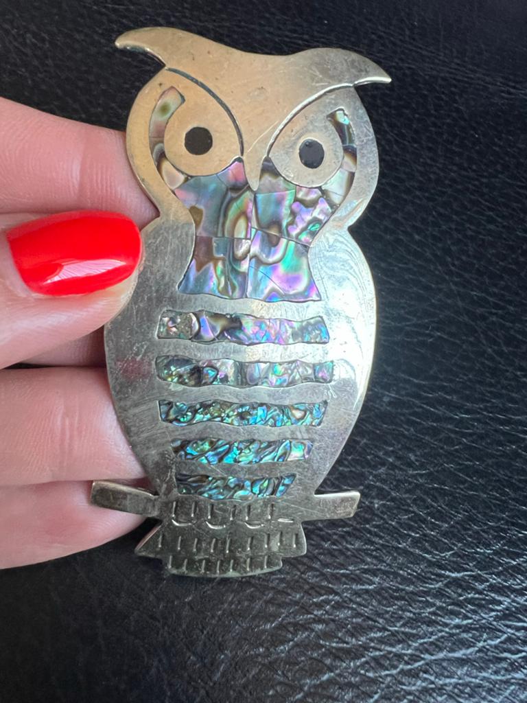 Vintage Zilveren Uil Broche Alpaca met Abalone Inleg, Ophalen of Verzenden, Gebruikt, 7 tot 10 cm, Zilver