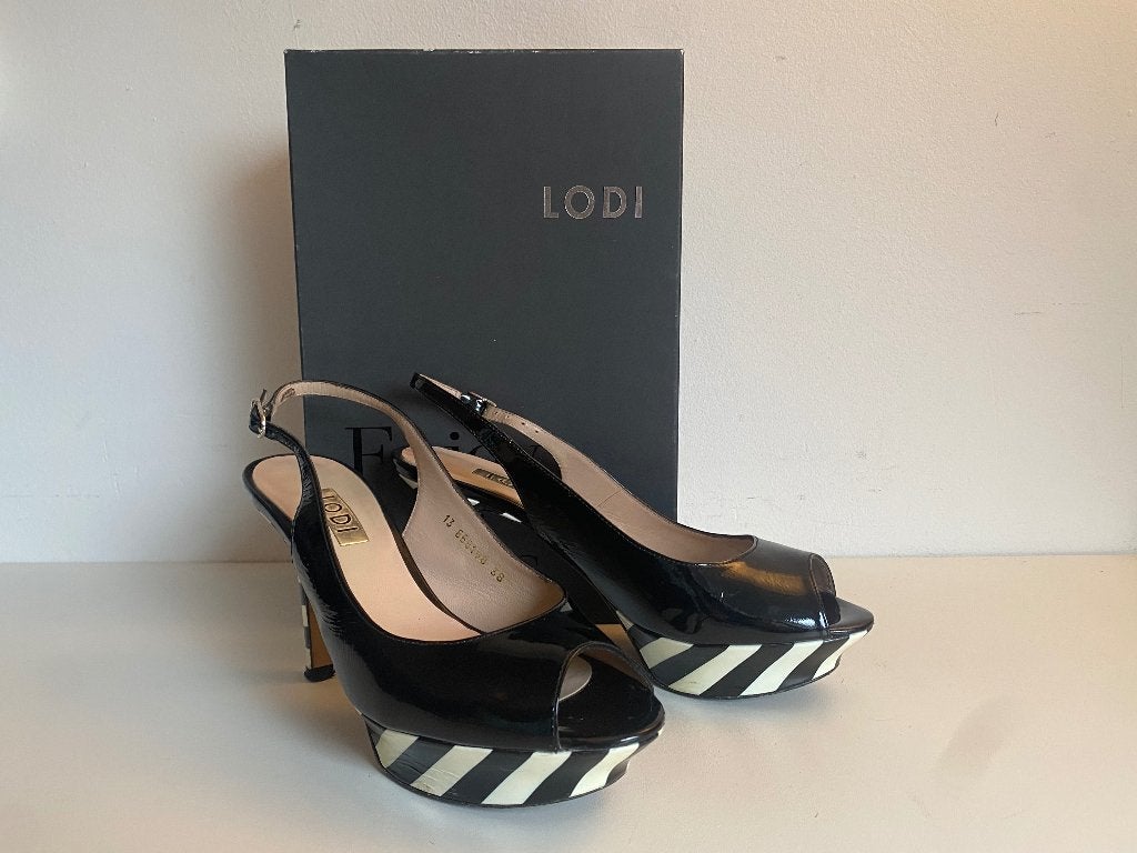 Lodi pump peeptoe lak zwart wit 38, Pumps, Verzenden, Zwart, Nieuw