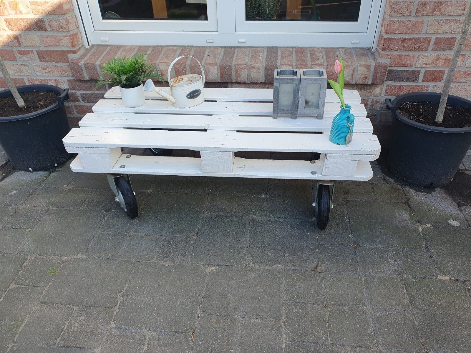 Tuin tafel salontafel pallet hout wit 4 zwenkwielen, Ophalen, Overige typen, Minder dan 2 meter